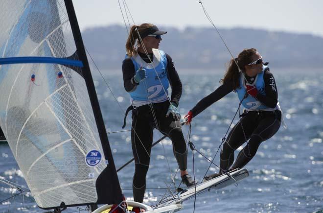 Maloney and Meech, 49erFX medal race - 2014 ISAF Sailing World Cup Hyeres © Franck Socha